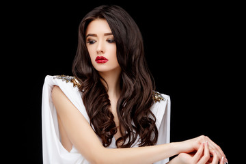 Brunette asian girl with long curly hair