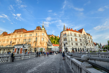 View on city center, old buildings and Ljubljana's castle, Ljubljana, Slovenia. Ljubljana is the capital of Slovenia - obrazy, fototapety, plakaty