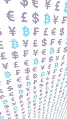 Bitcoin and currency on a white background. Digital Cryptocurrency symbol. Business concept. Market Display. 3D illustration