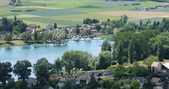 Aerial view of the upper Rhine valley on the Swiss – German border near the city of Stein am Rhein on a beautifully sunny late spring day.