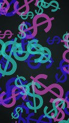 Multicolored translucent dollar signs on dark background. Vertical image orientation. 3D illustration