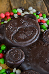 Delicious seasonal Sweets: chocolate figure bears and a lot of candy. The concept of Easter sweets.