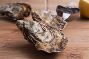 closeup of  oysters and lemon on wooden cutting board