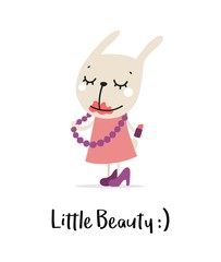 Cute little fashion bunny princess with lipstick and pink dress. Flat vector cartoon animal illustration