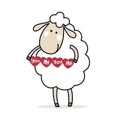 Cute white sheep with little red hearts. Happy Valentine`s Day cartoon animal vector card