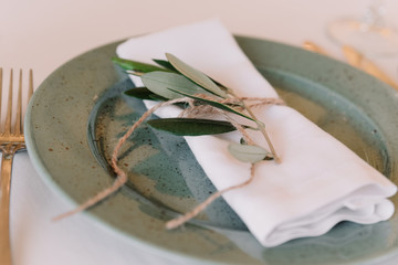 Green plate and white fabric napkin with a greens branch.