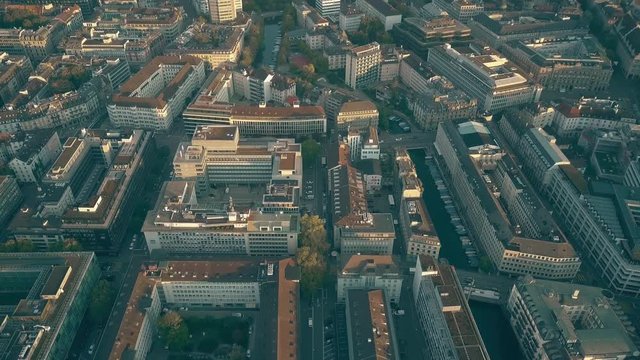 Aerial shot of Zurich streets in city centre. Switzerland