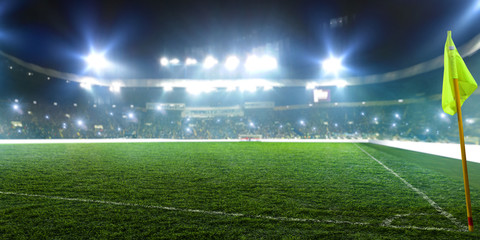 Fototapeta na wymiar Football stadium, corner flag, shiny lights