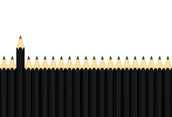 Many group of black pencils but red color standing out from crowd of plenty identical, leadership, independence, initiative, business success concept . Vector isolated on white background