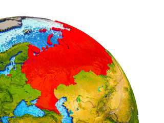 Russia Highlighted on 3D Earth model with water and visible country borders.