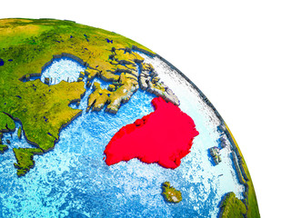 Greenland Highlighted on 3D Earth model with water and visible country borders.