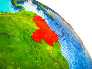 Venezuela Highlighted on 3D Earth model with water and visible country borders.