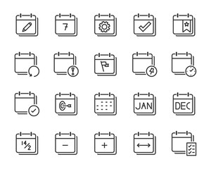 set of time relation vector line icon, such as calendar, reminder, day, year 2019, event