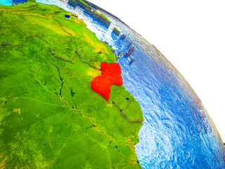 Guyana Highlighted on 3D Earth model with water and visible country borders.