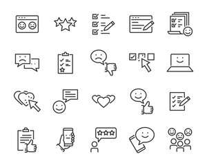 set of feedback line icons, such as, question, review, test, app