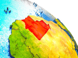 Mauritania Highlighted on 3D Earth model with water and visible country borders.