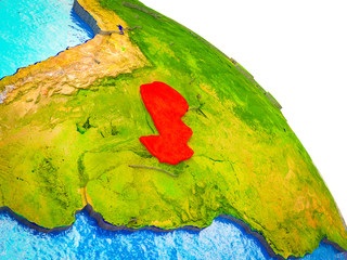 Paraguay Highlighted on 3D Earth model with water and visible country borders.