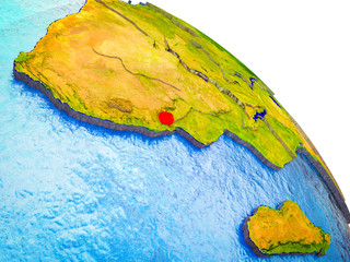 eSwatini Highlighted on 3D Earth model with water and visible country borders.