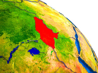 South Sudan Highlighted on 3D Earth model with water and visible country borders.