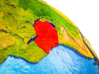 Tanzania Highlighted on 3D Earth model with water and visible country borders.