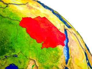 Sudan Highlighted on 3D Earth model with water and visible country borders.