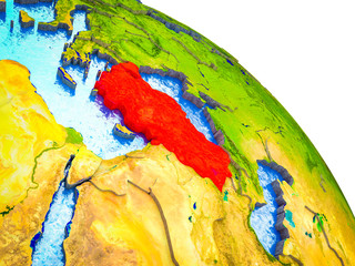 Turkey Highlighted on 3D Earth model with water and visible country borders.