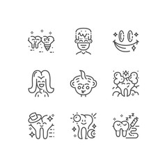 Modern set of dentist clinic icons. Premium medicine symbol collection. Vector stomatology illustration. Line orthodontic pictogram pack.