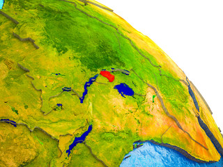 Rwanda Highlighted on 3D Earth model with water and visible country borders.