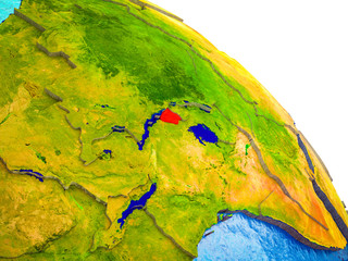 Burundi Highlighted on 3D Earth model with water and visible country borders.