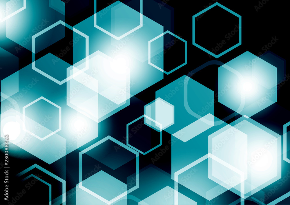 Aufkleber bright abstract techno background with hexagons and glowing sparks.