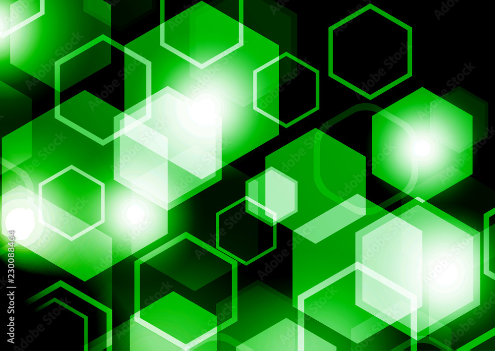 Poster bright abstract techno background with hexagons and glowing sparks.