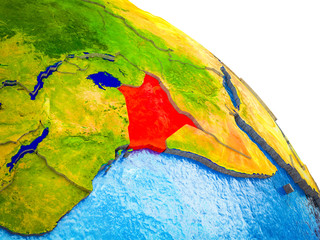 Kenya Highlighted on 3D Earth model with water and visible country borders.
