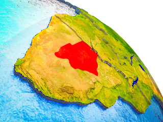 Botswana Highlighted on 3D Earth model with water and visible country borders.
