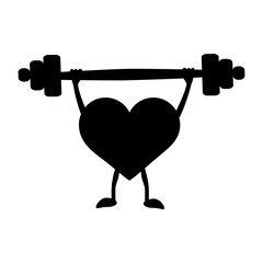 Heart with a barbell in the hands. Black silhouette. Vector illustration on isolated background.