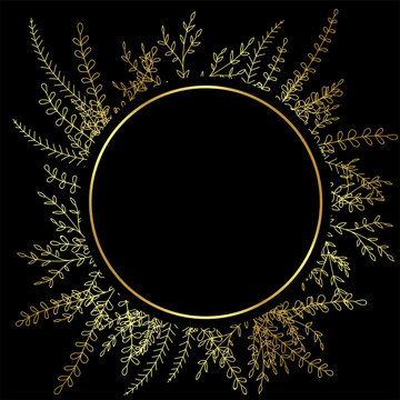 Round golden Flower frame. Frame with flowers, plants, grass, fern. Stylized golden drawing. Isolated on black background