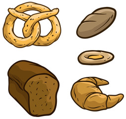 Cartoon bread loaf pretzel beaker vector icon set