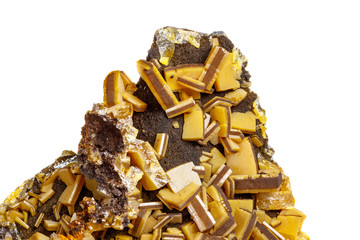 Macro mineral stone yellow Wulfenite on a white background