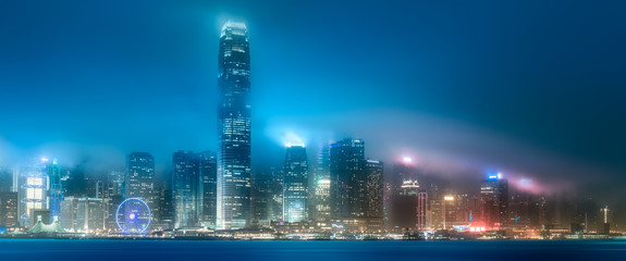 Skyline of Hong Kong in mist from Kowloon, China