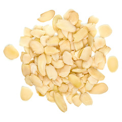 Sliced almonds pile from top view isolated on white background