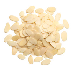 Sliced almonds pile from top view isolated on white background