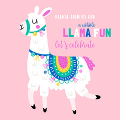Cute llama birthday party invitation. © girafchik