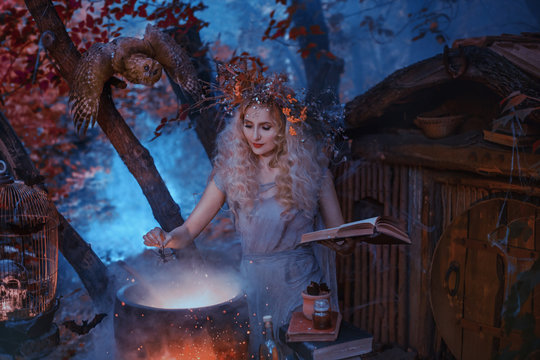 atmospheric cold autumn photo in art processing, a good witch creates a magic elixir near his forest home, holding a book in her hands, dressed in an old gray linen dress and has a wreath on her head