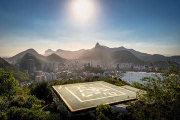 Heliport and aerial view of Rio de Janeiro with and Corcovado mountain and Guanabara Bay - Rio de...