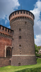 Fototapeta na wymiar Sforza Castle. Watch tower. The castle was built in the 15th century by Francesco Sforza, Duke of Milan. Now there are several museums in the Sforza Castle