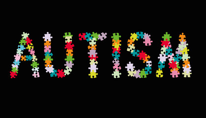 Word AUTISM made of multi colored puzzle pieces on black background. Vector illustration.