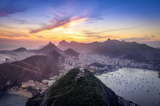 Aerial view of Rio de Janeiro at sunset with Urca and Corcovado mountain and Guanabara Bay - Rio de Janeiro, Brazil