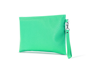 green leather handle bag with hanging isolated on white background