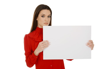 Naklejka premium Beautiful young woman in red holding empty pieces of paper