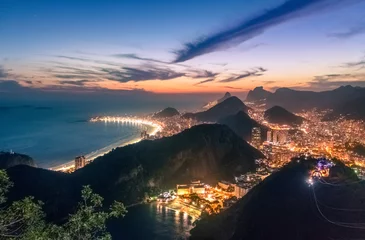 Fotobehang Aerial view of Rio de Janeiro Coast with Copacabana and Praia Vermelha beach at night - Rio de Janeiro, Brazil © diegograndi