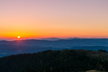 Sunset in the Carpathian Mountains in the autumn season